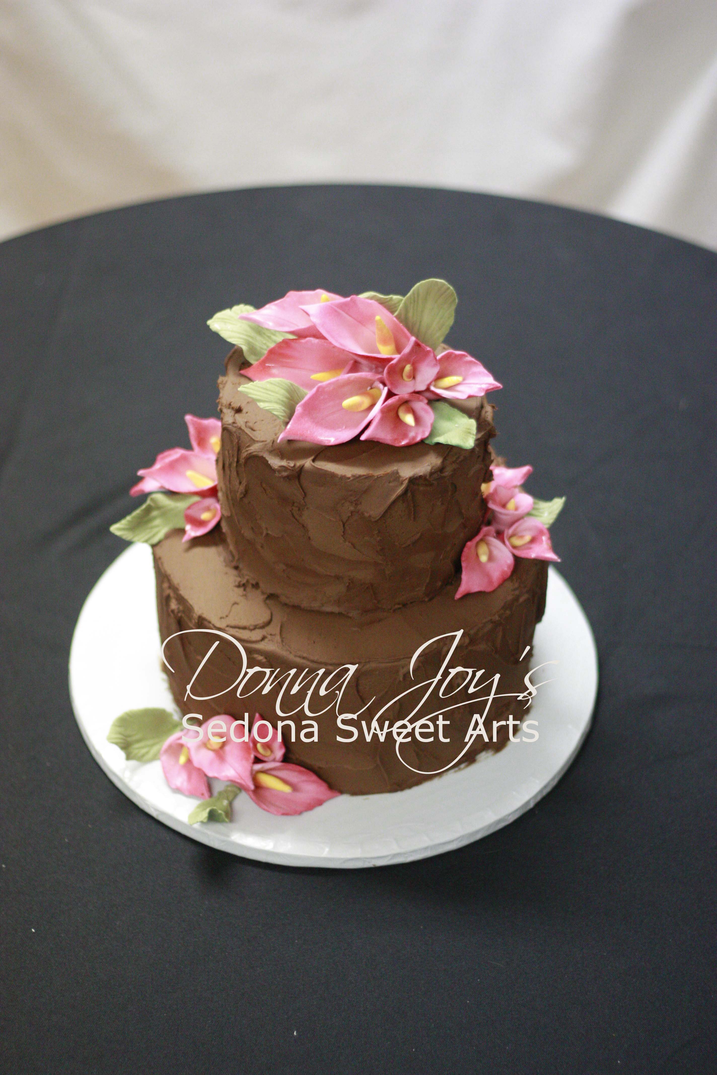 Chocolate Stormy Love, textured Elopement Cake adorned with sugar flowers hand sculpted by Donna Joy Sedona 