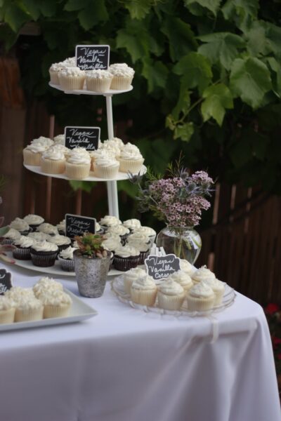 Vegan Cupcake Sweet Table with labeled favors