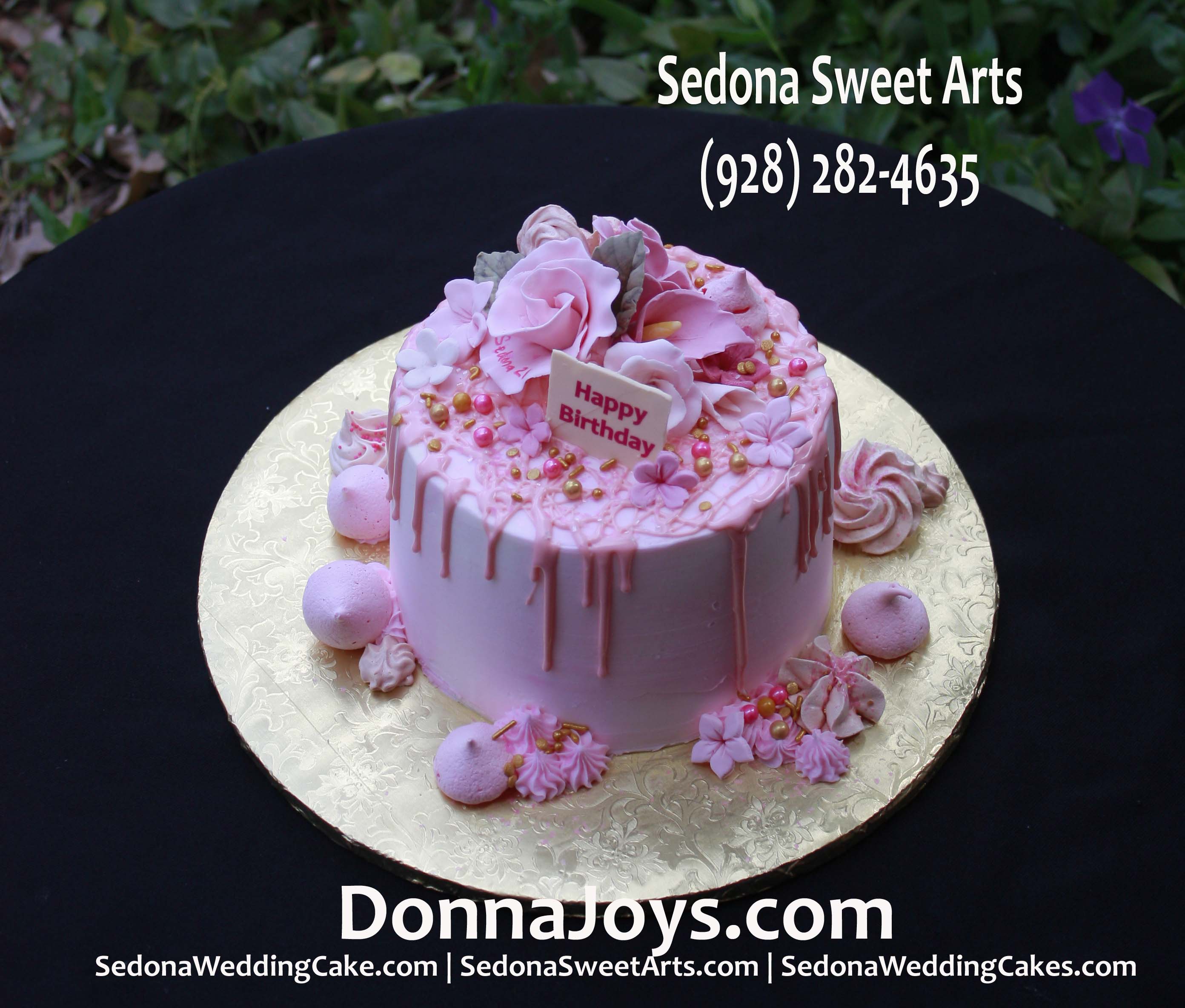 Pink Gold Sedona Birthday Cake with White Chocolate edible Happy Birthday Sign