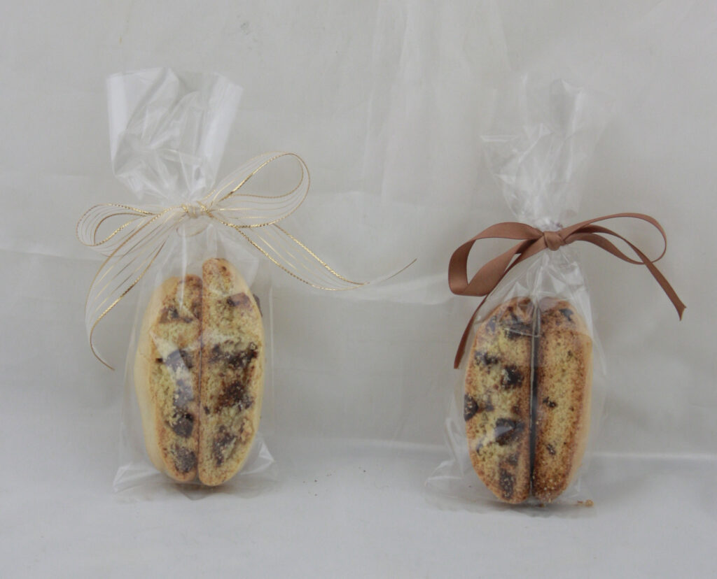 sheer gold ribbon & tan biscotti favors