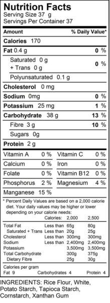 Donna Joy's Gluten Free Flour Recipe Nutrition Facts Label 