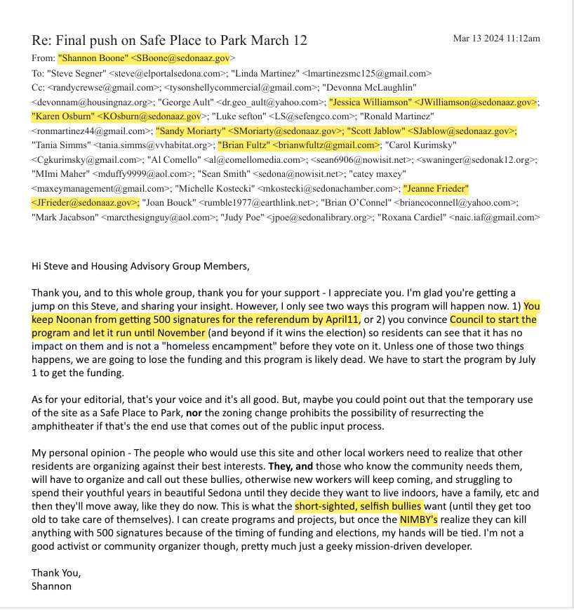 Toxic City of Sedona Email Calling the residents nimby